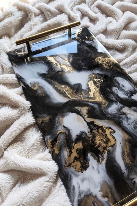 Black, white and gold marbled resin serving tray Black And Gold Resin, Resin Serving Tray, Resin Art Canvas, Marbled Resin, Learn Watercolor Painting, Handmade Gifts Diy, Black And Gold Marble, Learn Watercolor, Diy Tray