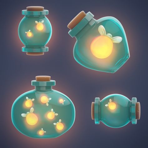 Cartoon Firefly, Game Design Inspiration, Firefly In A Jar, Firefly Illustration, Game Design Art, Firefly Art, Game Textures, Match 3 Games, Magic Bottles