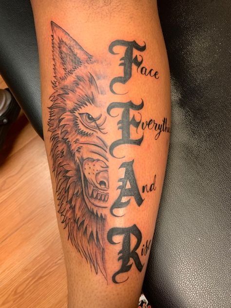 Wolf tattoo with quote on leg Tattoo Ideas For Men Wolf, Eagle Wolf Tattoo, Warrior With Wolf Tattoo, Wolf And Warrior Tattoo, Lone Wolf Tattoo Men, Wolf Tattoo Quotes, Alpha Wolf Tattoo, Alpha Wolf Tattoo Men, Lone Wolf Tattoo For Women