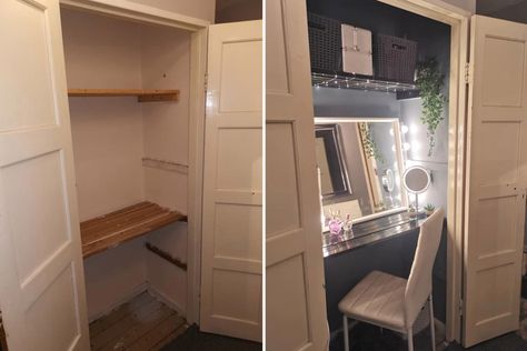 Woman creates ultimate make-up station out of an empty cupboard for only £5 Closet Makeup Room, Closet Makeovers, Vanity Nook, Tv Nook, Built In Vanity, Airing Cupboard, Closet Vanity, Ikea Wall, Amazing Closets