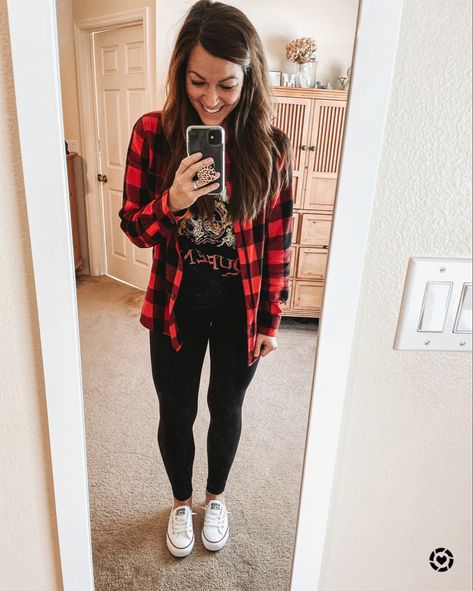 Black Jeans And Plaid Shirt Outfit, Band Tee And Flannel Outfits, Band Shirt And Flannel Outfit, Style Red Plaid Shirt, Buffalo Shirt Outfit, Plaid Shirt Graphic Tee Outfit, How To Style Plaid Shirts Long Sleeve, Leggings And Band Tee Outfit, Buffalo Plaid Flannel Outfit Women