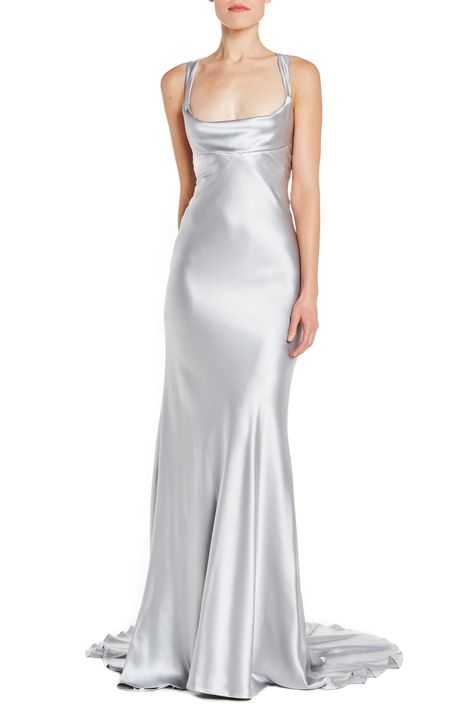 172105 (4) Silver Satin Dress, Silver Slip Dress, Anastasia Grey, Silver Gown, Prom Dress Inspo, Anastasia Steele, Satin Dress Long, Oscar Dresses, Fifty Shades Darker