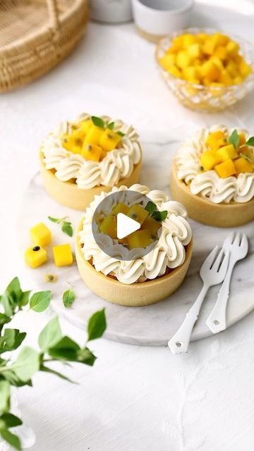 Mei Yee on Instagram: "Mango Passion Fruit Tarts 💛

Divider roller @decoracondolcezza
Stainless steel bands @decoracondolcezza
Electric Turntable @decoracondolcezza

Ingredients 
Pastry crust 
120g all purpose flour 
35g cornstarch 
20g almond flour 
55g powdered sugar 
1/2 tsp salt 
65g butter, cubed 
35g cold milk 

Preheat oven to 180c. In a food processor, add crust ingredients pulse until a dough ball forms. Refrigerate the dough for at least 30 minutes. Roll out the chilled dough, cut the pieces using a tart ring and assemble. Then cut out the strips. Lift the strips and place them on the inside of each tart ring. Bake at 160c for 20 minutes.

Almond cream
75g butter
75g sugar 
75g almond flour 
10g cornstarch 
55g flax egg or regular egg 
1 tsp vanilla extract 
1/8 tsp salt 

Cream Mango Tartlets, Mango Curd Tart, Mango Custard Tart, Passion Fruit Filling, Lemon Meringue Tarts Mini, Lemon Meringue Pie Mini Tart Recipes, Dessert Cups Recipes, Bigger Bolder Baking, Fruit Tarts