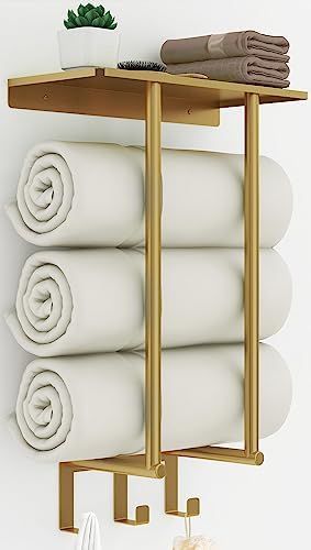 Towel Rack with Metal Shelf and 3 Hooks, Bethom Towel Racks for Bathroom Wall Mounted, Metal Gold Bath Towel Holder Storage Wall for Small Bathroom Small Bathroom Towel, Gold Bath Towels, Towel Racks For Bathroom, Wall Towel Racks, 2024 Bedroom, Bathroom Towel Storage, Bath Towel Holder, Gold Bath, Wall Mounted Towel Rack