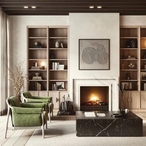 Fireplace Bookshelves, Floating Shelves Living Room, Fireplace Built Ins, Marble Fireplace, Wall Bookshelves, Living Room Decor Ideas, Modern Fireplace, Room Decor Ideas, Beautiful Living Rooms