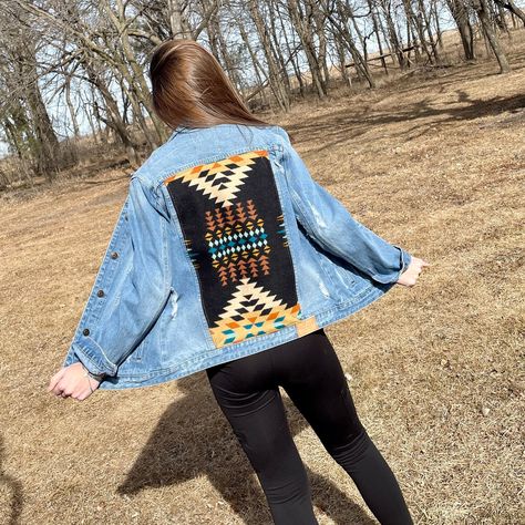 "Last September, I added genuine Pendleton® wool fabric to my fav denim jacket and you guys went crazy for it! I promised that I'd get some made for you and it FINALLY HAPPENED!  I made these jackets to LAST! Jacket is made with genuine Pendleton® fabric that has been serged so the edges won't fray and then sewed to the denim jacket with an industrial machine. Super cute and MADE TO LAST! Jacket is NOT Pendleton brand, I used genuine Pendleton® wool fabric which I sewed to the denim jacket. Even Pendleton Fabric, Boat Bag, Christmas Stocking Gifts, Stamped Leather, Cowhide Bag, Industrial Machine, Clothing Diy, Stocking Gifts, Pendleton Wool