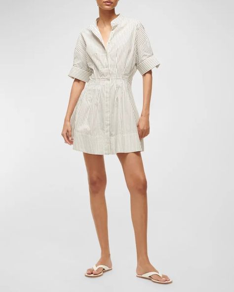 T5GLB STAUD Lorenza Half-Sleeve Stretch Poplin Mini Shirtdress Organza Gowns, Denim Sweater, Striped Shirt Dress, A Line Mini Skirt, Button Up Dress, Band Collar, Shirtdress, Button Placket, Stripe Print