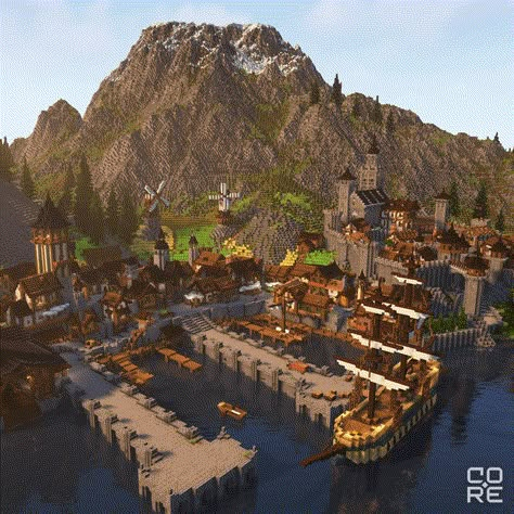 Minecraft Docks Ideas, Midevil Minecraft Town, Minecraft Port Town, Minecraft Medieval City, Minecraft River, Minecraft Dock, Minecraft Medieval Buildings, Minecraft Medieval Village, Minecraft Medieval House