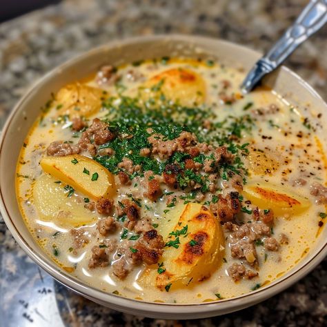 🍔🥔 Dive into the comfort of Creamy Hamburger Potato Soup! Rich, hearty, and full of flavor. #HeartySoups #ComfortFood Creamy Hamburger Potato Soup Recipe 🥣 Ingredients: 500g ground beef 1kg potatoes, peeled and diced 1 onion, chopped 2 cloves garlic, minced 1 liter beef broth 200ml heavy cream 100g shredded cheddar cheese Salt and pepper to taste Green onions, chopped for garnish Instructions: In a large pot, brown the ground beef over medium heat. Drain excess fat. Add onions and garlic ... Creamy Hamburger Potato Soup, Hamburger Potato Soup, Recipe For 2, Shredded Cheddar Cheese, Twisted Recipes, Delicious Soup Recipes, Potato Soup Recipe, Soup And Stew, Soup Season