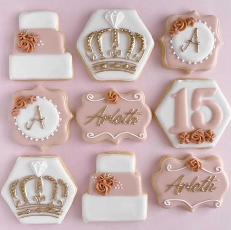 Quinceanera Cookies Ideas, Quince Cookies Ideas, Quinceanera Cookies Decorated, Quinceanera Desserts, Quinceanera Cookies, Quince Treats, Quince Cookies, Sweet 16 Cookies, Quinceanera Winter Wonderland