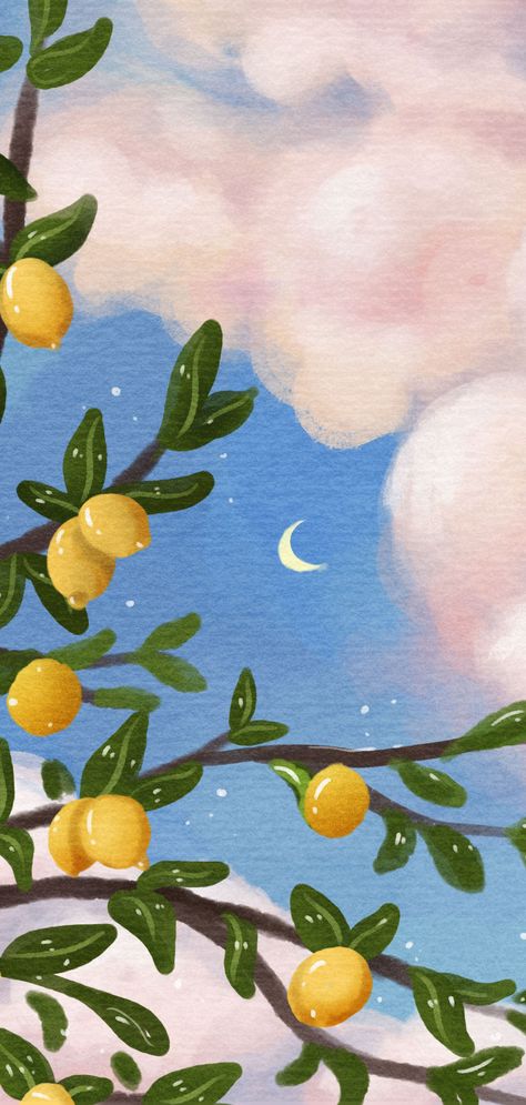 Aesthetic Lemon Wallpaper, Watercolor Lemon Tree, Lemon Lockscreen, Lemon Aesthetic Art, Lemon Tree Drawing, Lemon Tree Aesthetic, Lemon Wallpaper Aesthetic, Lemon Tree Illustration, Lemon Tree Wallpaper