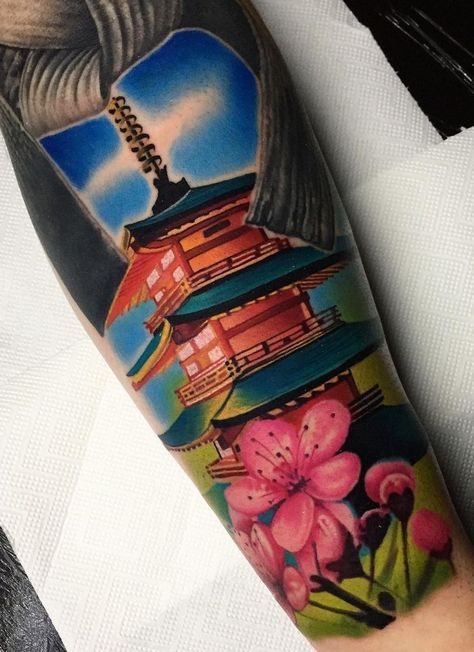 Japanese Temple Tattoos: Meanings, Symbolism & More Japanese Temple Tattoo, Samurai Tattoo Sleeve, Temple Tattoo, Around Arm Tattoo, Japanese Buddhism, Wrist Tattoo Ideas, Black Art Tattoo, Japanese Pagoda, Dragon Sleeve Tattoos