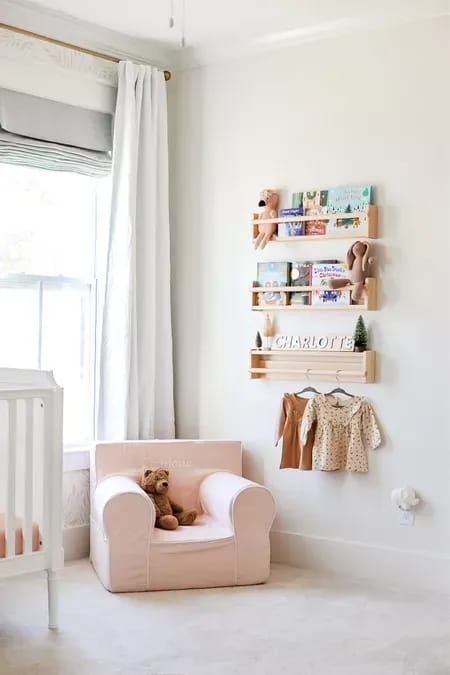 Serena And Lily Priano Wallpaper Pink, Serena And Lily Nursery Girl, Pottery Barn Toddler Chair, Serena And Lily Nursery, Coastal Nursery Girl, Lily Nursery, Pottery Barn Anywhere Chair, Nursery Coastal, Pottery Barn Chair