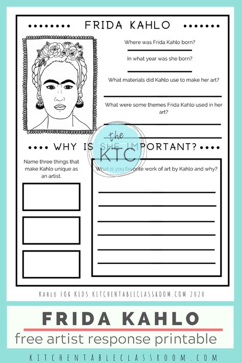 Frida Kahlo Books for Kids + Free Artist Study - The Kitchen Table Classroom Frida Kahlo Art Projects For Kids, Frida Kahlo Art Lesson, Frida Kahlo Projects, Art Handouts, Artist Study, Frida Art, Frida Kahlo Art, Art Worksheets, Homeschool Art