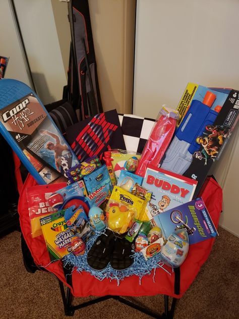 Baseball Theme Easter Basket, Bike Helmet Easter Basket, Easter Chair Basket, Fishing Easter Basket For Men, Gamer Easter Basket, Easter Chair, Sports Easter Basket, Monster Truck Easter Basket Ideas, Painted Easter Bucket For Boys