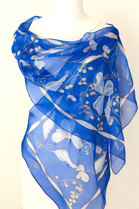 Sheer Shawl, Black Silk Scarf, Green Silk Scarf, Sari Design, Blue Silk Scarf, Silk Stoles, Long Silk Scarf, Velvet Scarf, Painted Scarf