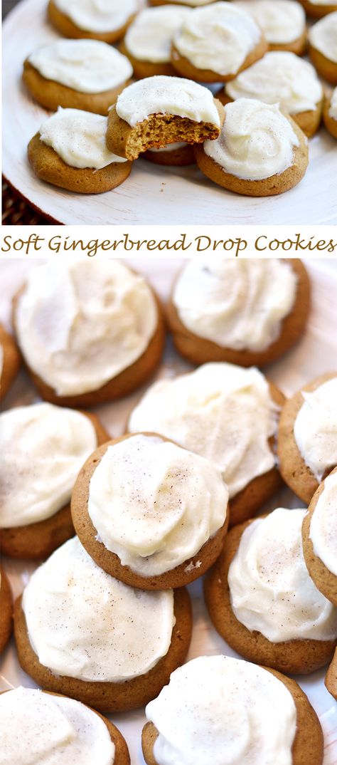 Soft Gingerbread Drop Cookies with Cream Cheese Frosting | ImPECKableeats.com Gingerbread Drop Cookies, Cookies With Frosting, Cookies With Cream Cheese Frosting, Soft Gingerbread, Cookies With Cream Cheese, Soft Gingerbread Cookies, Cookies Gingerbread, Cream Cheese Cookies, Molasses Cookies