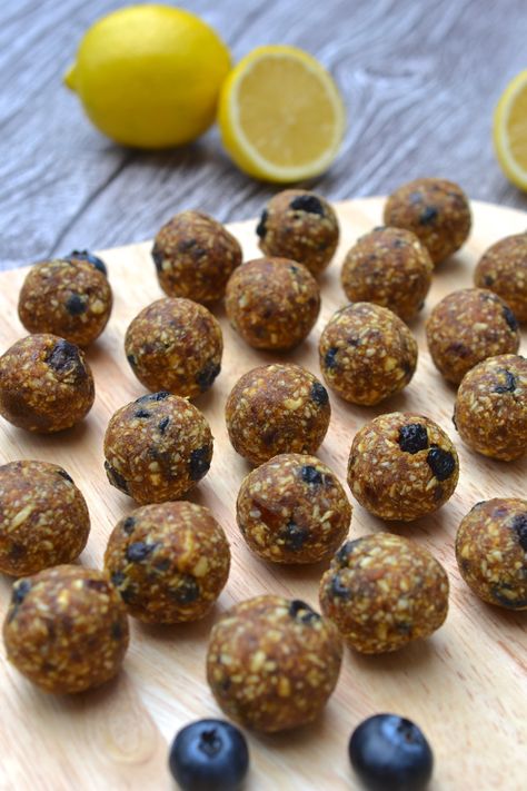 Lemon & Blueberry Energy Balls | Every Last Bite Blueberry Energy Balls, Bread Balls, Blueberry Bites, Lemon Blueberry Pancakes, Snack Balls, Coconut Ginger, Specific Carbohydrate Diet, Dried Berries, Dried Blueberries