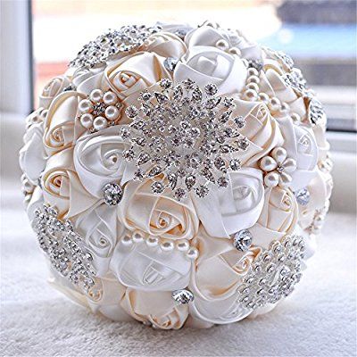 Prettybuy Handmade Diamond Pearl Rhinestone Brooch Bridal Hold Flowers Wedding Bouquet Satin Roses Bouquet for Photo Shooting, Valentine's Day, Proposal, Birthday and Special Day Gift (WHITE IVORY) Pearl Bouquet Wedding, Unusual Wedding Bouquets, Pearl Bridal Bouquet, Artificial Wedding Bouquets, Crystal Bouquet, Bridal Brooch Bouquet, Unusual Wedding, Wedding Brooch Bouquets, Wedding Bouquets Bride