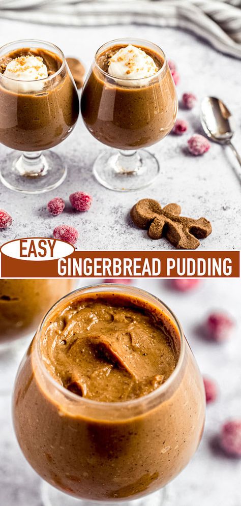 Enjoy the holidays in a glass. This easy Gingerbread Pudding is super smooth and rich with a strong gingerbread flavour. Top it off with a dollop of eggnog whipped cream for the perfect Christmas treat! | queensleeappetit.com #christmas #gingerbread #pudding Christmas Day Puddings, Autumn Pudding Recipes, Hard Sauce For Christmas Pudding, Instant Pot Christmas Pudding, Christmas Pudding Recipes Easy, Ginger Bread Pudding, Christmas Pudding Ideas, Who Pudding, Gingerbread Mousse