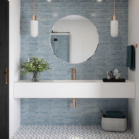 Light Blue Bathroom, Blue Bathroom Tile, Jeffrey Court, Beach House Bathroom, Hall Bathroom, Mosaic Wall Tiles, Bathroom Remodel Designs, Bathroom Inspiration Decor, Blue Bathroom