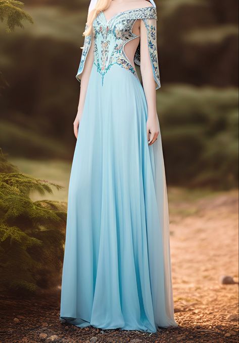 Baby blue gown with floral detailing and cut outs Pale Blue Fantasy Dress, Blue Fantasy Outfit, Fae Masquerade, Acotar Clothes, Blue Fantasy Dress, Baby Blue Gown, Fantasy Attire, Darling Charming, Dream Costume