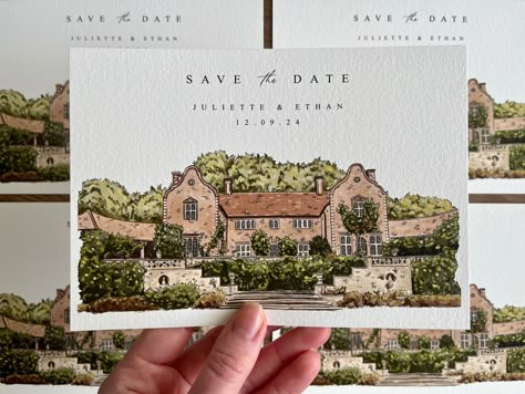 "These save the dates feature a hand painted illustration of your wedding venue They are 5x7 inches in size and are printed onto 316gsm textured fine art paper Each save the date comes with a 5x7\" envelope Ordering: - Select the quantity of save the dates you need from the drop down menu - Add to your basket and checkout - Message me with a photo of your wedding venue, bride and groom names, wedding date - You can Etsy message me this information or email it to me at sarahwrightartist@gmail.com Save The Date Ideas Watercolor, Hand Painted Wedding Invites, Hand Painted Save The Date, Watercolor Save The Date Wedding, Illustrated Save The Date, Save The Date Drawing, Unique Save The Date Ideas, Save The Date Illustrations, Save The Date Watercolor