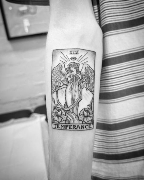 Temperance Tarot Tattoo Simple, Angel Tarot Card Tattoo, Tarot Card Temperance Tattoo, The Temperance Tarot Tattoo, Temperance Card Tattoo, Tarot Card Tattoo Forearm, Temperance Tattoo Ideas, Temperance Tarot Tattoo, The Magician Tarot Tattoo