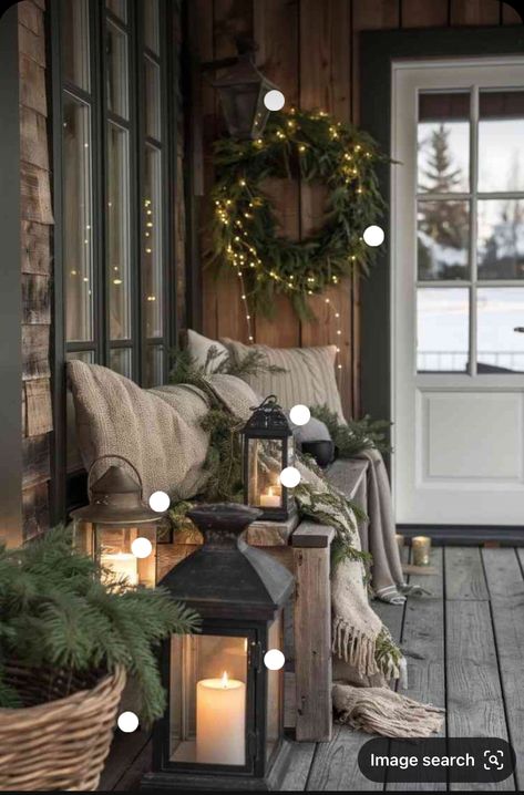 Small Front Porch Winter Decor Ideas, Moody Front Porch, Narrow Porch Decorating Ideas, Christmas Sunroom, Industrial Patio, Small Porch Decorating Ideas, Small Front Porch Decor, Small Porch Decorating, Cozy Porch