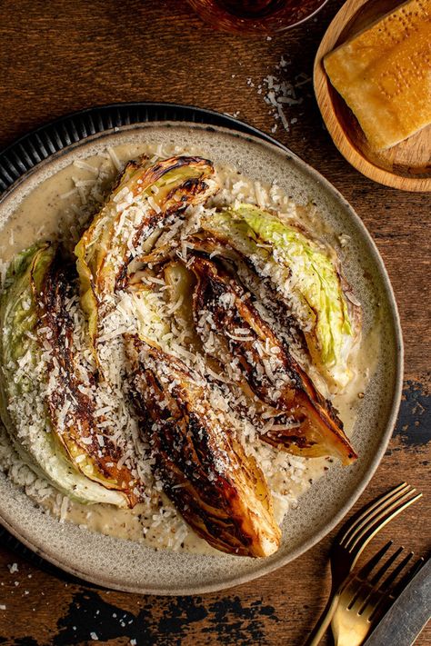 Take a basic vegetable and elevate with a few ingredients like with this charred cacio e pepe cabbage with mustard whiskey sauce. #sidedishrecipe #vegetarian #sidedishes Charred Cabbage, Whiskey Sauce, Keto Side Dishes, Cabbage Recipes, Vegetable Sides, Holiday Cooking, Few Ingredients, Interesting Food Recipes, Dinner Time