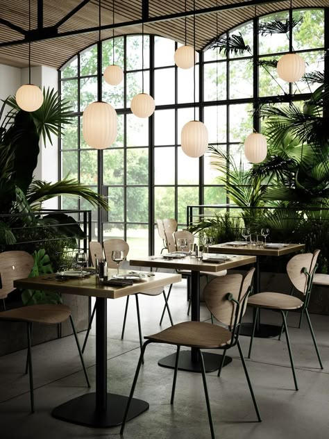 Nordic Cafe, Botanical Interior Design, Scandinavian Cafe, Scandinavian Restaurant, Cafe Restaurant Interior, Botanical Interior, Nordic Restaurant, Modern Restaurant Design, Design Hall