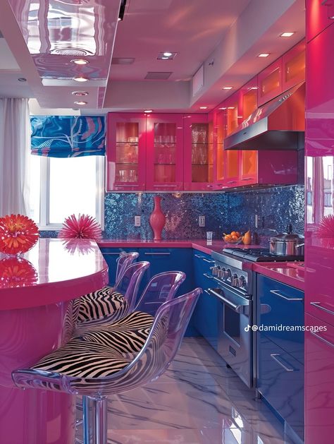 Y2k Aesthetic House, Alternative House Ideas, Maxamilist House, Y2k Interior Design, Y2k Interior, Y2k Kitchen, Y2k Home Decor, Kitchen Decor Pink, Y2k Apartment