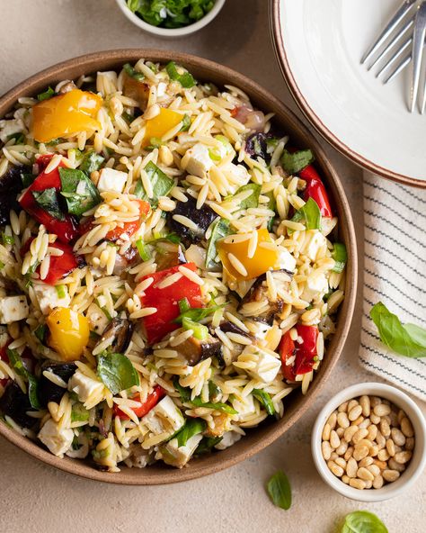 Orzo with Roasted Vegetables Gelson's Orzo Salad With Roasted Vegetables, Eggplant Orzo Recipes, Orzo Roasted Vegetable Salad, Ina Garten Orzo With Roasted Vegetables, Orzo With Roasted Vegetables, Tyler Florence Recipes, Orzo Dishes, Greek Orzo Salad, Eggplant Pasta