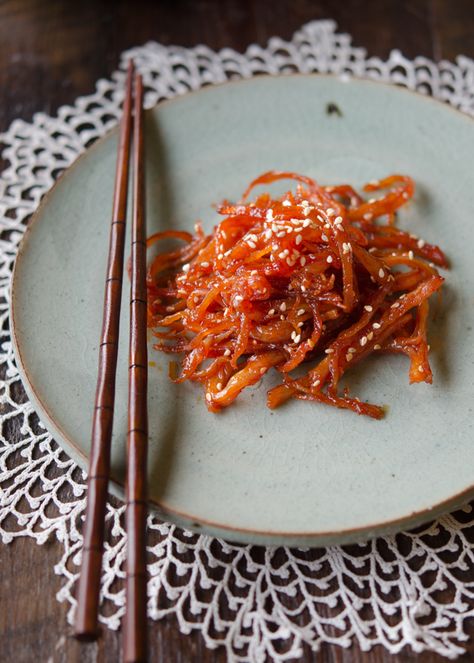 Spicy Shredded Squid Side Dish | Beyond Kimchee Asian Sides, Rice Dishes Recipes, Korean Dessert, Korean Side Dishes, Spicy Seasoning, Dream Food, Korean Cooking, Korean Dishes, Bulgogi