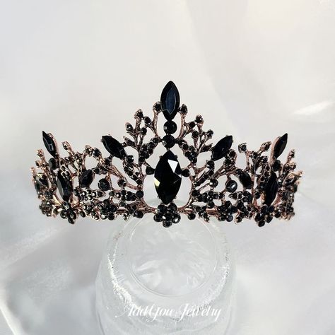 Black And Gold Quinceanera Crown, Gothic Tiara Wedding, Black Quince Crown, Dark Fantasy Crown, Aesthetic Crowns, Pagan Headpiece, Black Tiara Gothic, Dark Queen Crown, Pretty Crowns