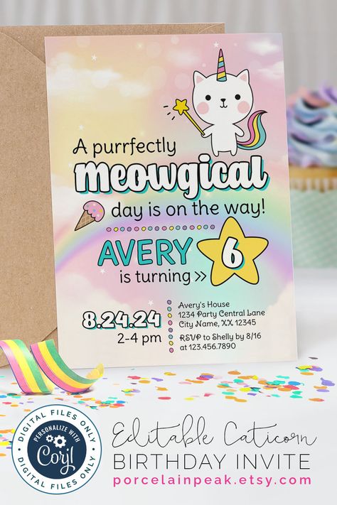 Kitty Corn Birthday Party, Kitty Unicorn Birthday Party, Cat Unicorn Party, Kittycorn Birthday Party, Meowgical Birthday, Caticorn Birthday Party, Country Chic Wedding Invitations, Corn Party, Cat Birthday Invitations