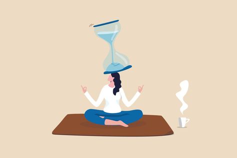 Patience time, practice to concentrate and wait for success, being professional calm and mindfulness thinking, endurance concept, relax woman sitting with sandglass on her head practicing patience. Relax Woman, Practicing Patience, Being Professional, Woman Sitting, Vector Art, Podcast, Vision Board, Royalty Free, Mindfulness