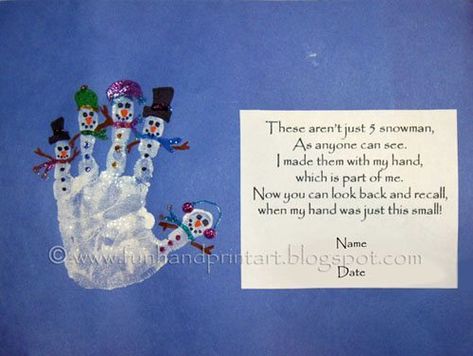 This year we made a handprint snowman picture instead of placing it on an ornament. Start with a plain white handprint & then decorate it as you please. You could add scarves, mittens, buttons, earmuffs, hats, and so on. I modified this Christmas handprint snowman poem a little bit to make it usable anytime instead … Handprint Snowman, Winter Preschool, Footprint Art, E Mc2, Handprint Art, Classroom Crafts, Winter Art, Noel Christmas, Winter Fun