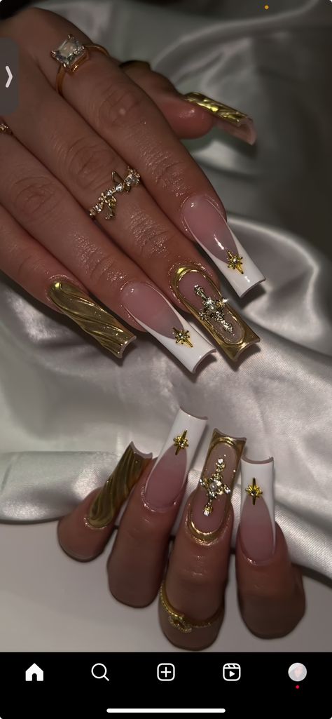 Sweet 16 Nail Ideas Art Designs, Classy January Nails, Cheetah And Gold Nails, White And Gold Acrylic Nails With Design, Square Nails Ideas Christmas, Simple Long Acrylic Nail Designs, Gold Maximalist Nails, 3d Gold Nails, Yellow And Gold Nails Design