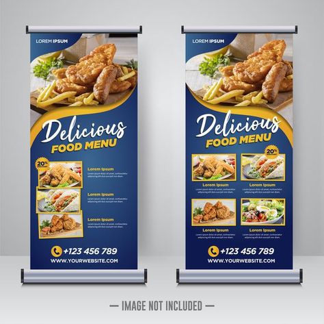 Food and restaurant roll up banner templ... | Premium Vector #Freepik #vector #background #banner #poster #food Xbanner Design, Rollup Design, Standing Banner Design, Rollup Banner Design, Fluid Background, Business And Advertising, Roll Banner, Standee Design, Roll Up Design