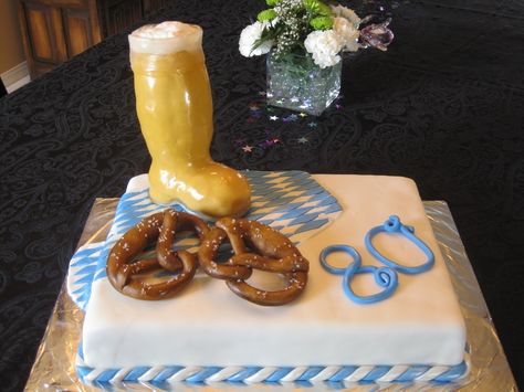 German Chocolate (what else!) cake with fondant icing. Pretzels are... Oktoberfest Cake, German Party, Beer Boot, Cake With Fondant, Cake Central, Fondant Icing, German Chocolate, German Beer, Decorated Cakes