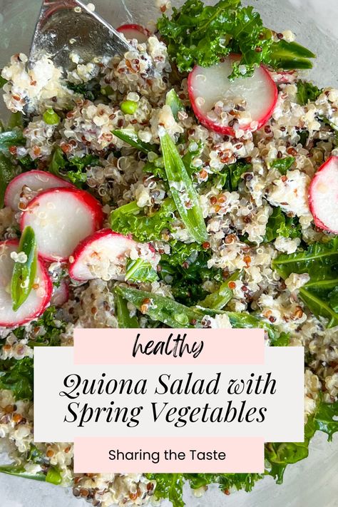 A fresh and flavorful spring quinoa salad with a zesty lemon dressing filled fresh radishes, kale, spring peas, and goat cheese. Kale Quinoa, Spring Peas, Salad Sauce, Spring Vegetables, Tasty Foods, Radishes, Quinoa Salad, Goat Cheese, The Taste