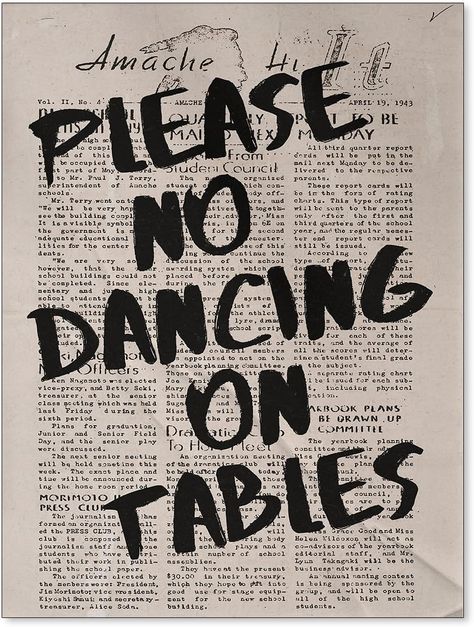 ZERFVTG Retro Newspaper Wall Art Funny Black and White Poster Please No Dancing on Tables Canvas Prints Trendy Vintage Aesthetic Wall Decor for Kitchen Living Room 12x16 inch Unframed Modern Kitchen Living Room, Trippy Wall Art, Trippy Wall, Living Wall Art, Retro Pictures, Vintage Newspaper, Journal Vintage, Philosophical Quotes, Canvas Quotes