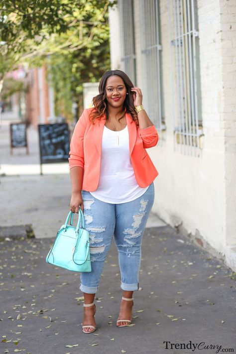 Plus Size Spring Dresses, Simple Spring Outfits, Plus Zise, Outfits Curvy, Orange Blazer, Look Plus Size, Color Trends Fashion, Color Play, Plus Size Fashion For Women