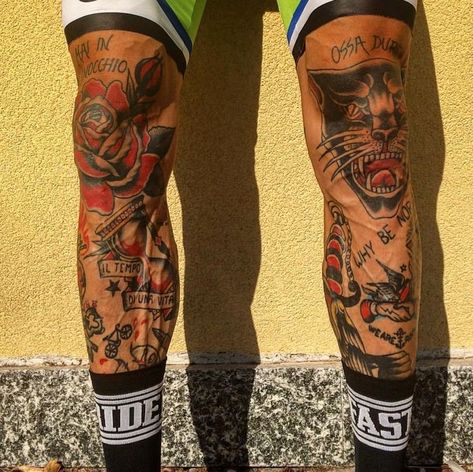 Tibia Tattoo Men, Guy Tattoos Leg, American Traditional Leg Sleeve Men, Knee Tatoos Men, Full Knee Tattoo, Traditional Leg Sleeve Tattoo Men, Knee Tattoo Men Ideas, Leg Tattoo Men Old School, Traditional Tattoos Leg Sleeve