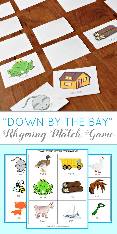 Teaching kids to rhyme is a great way to improve reading skills. Here’s a fun preschool learning activity and free printable game based on the popular kids’ song “Down By the Bay”. Rhyming Preschool, Down By The Bay, Rhyming Games, Improve Reading Skills, Rhyming Pictures, Kids Song, Rhyming Activities, Preschool Music, Match Game