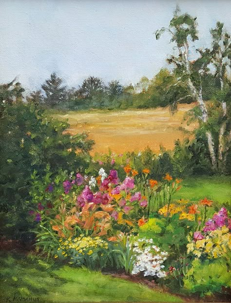 Beautiful Garden Painting, Flower Farm Painting, Garden Scene Painting, Garden Flower Painting, Paintings Of Gardens, Garden Art Painting, Garden Landscape Painting, Garden Painting Art, Garden Acrylic Painting