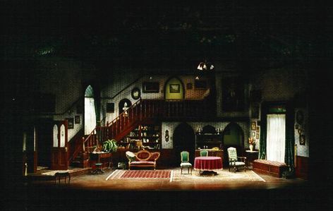 Arsenic and Old Lace. Manitoba Theatre Center and Theatre Calgary. Set design by Linda Leon. 1992 Arsenic And Old Lace Set, Annie Orphanage Set Design, Medea Theatre Set Design, Annie Musical Set Design, Victorian Set Design Theatre, Set Theatre, Abandoned Theatre Stage, Technical Theatre, Stage Lighting Design