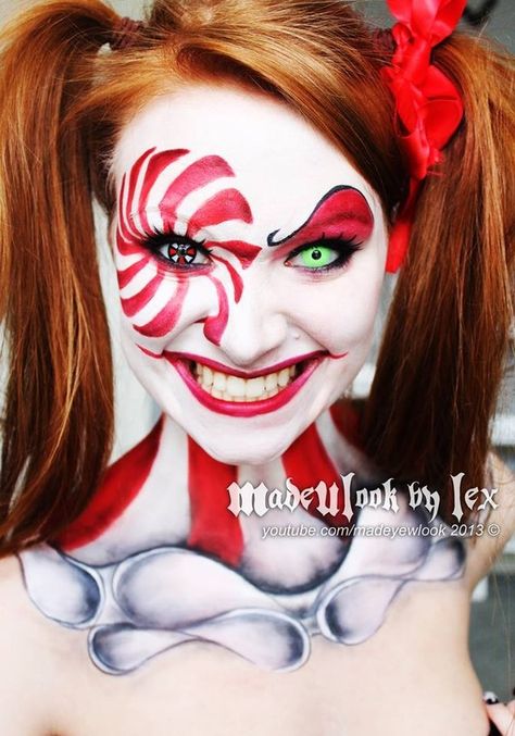 Clown makeup tutorial can be found on my youtube channel, madeyewlook! This was done using body paint and eyeshadows. Girl Clown Makeup, Clown Makeup Tutorial, Carnaval Make-up, Halloween Makeup Clown, Joker Makeup, Drag Make-up, Clown Halloween, Halloween Makeup Scary, Theatrical Makeup