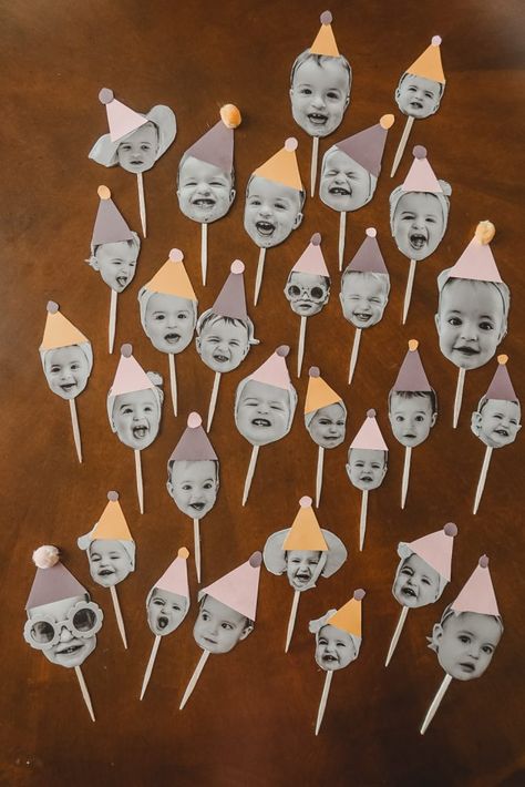 Diy Animal Birthday Decorations, Face On Cupcake, Birthday Face Cupcake Toppers, 1st Birthday Cupcake Toppers, Make Your Own Party Hat, Diy Easy Birthday Decorations, Diy Face Cupcake Toppers, Party Food First Birthday, Fun Birthday Decor